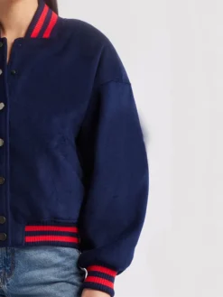 Womens Royal Blue Tailored Fit Varsity Bomber Jacket Closure