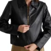 Womens Shirt Style Collar Black Leather Motorcycle Jacket Closure
