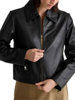Womens Shirt Style Collar Black Leather Motorcycle Jacket Closure