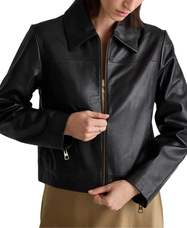 Womens Shirt Style Collar Black Leather Motorcycle Jacket Closure