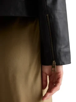 Womens Shirt Style Collar Black Leather Motorcycle Jacket Cuffs