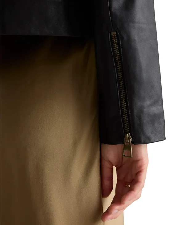 Womens Shirt Style Collar Black Leather Motorcycle Jacket Cuffs