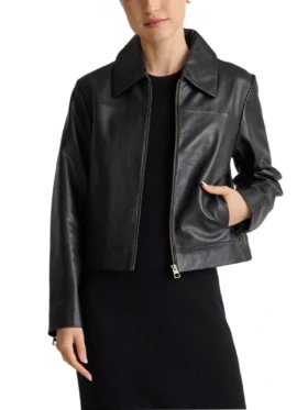 Women's Shirt Style Collar Black Leather Motorcycle Jacket Main