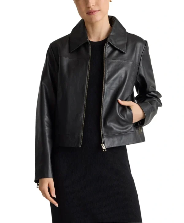 Womens Shirt Style Collar Black Leather Motorcycle Jacket Main