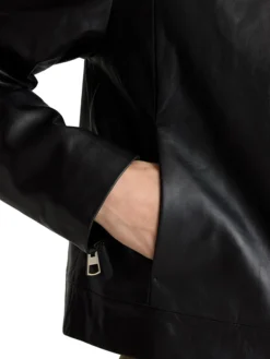 Womens Shirt Style Collar Black Leather Motorcycle Jacket Pockets