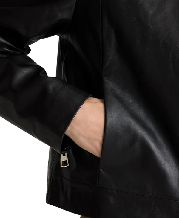 Womens Shirt Style Collar Black Leather Motorcycle Jacket Pockets