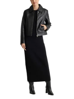 Womens Shirt Style Collar Black Leather Motorcycle Jacket Stand