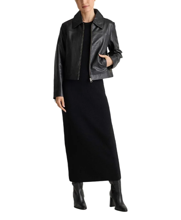 Womens Shirt Style Collar Black Leather Motorcycle Jacket Stand
