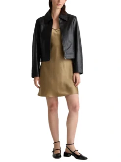 Womens Shirt Style Collar Black Leather Motorcycle Jacket Stand Up