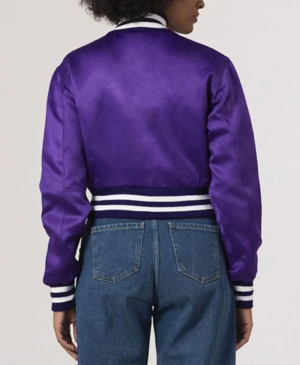 Womens Simple Purple Cropped Varsity Jacket Back