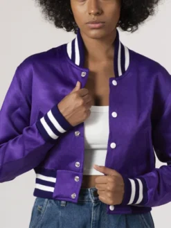 Womens Simple Purple Cropped Varsity Jacket Buttoned