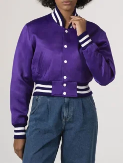 Womens Simple Purple Cropped Varsity Jacket Collar