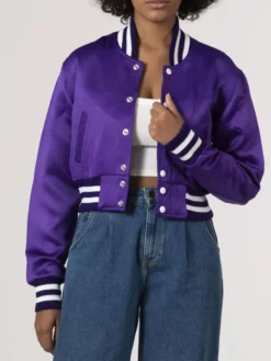 Womens Simple Purple Cropped Varsity Jacket Front