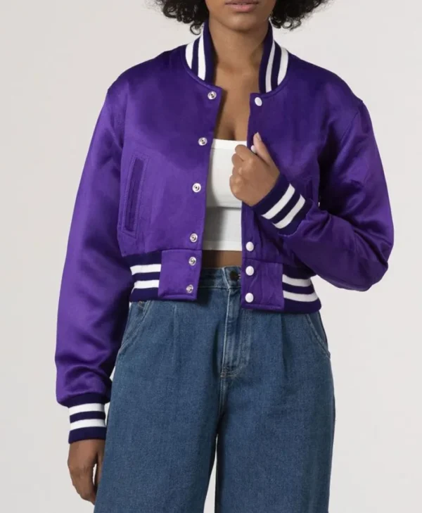 Womens Simple Purple Cropped Varsity Jacket Front