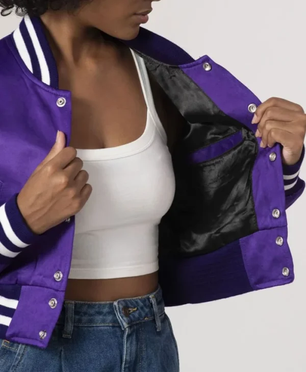 Womens Simple Purple Cropped Varsity Jacket Inner