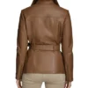 Womens Stand Up Collar Brown Belted Leather Jacket Back