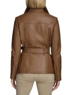Womens Stand Up Collar Brown Belted Leather Jacket Back
