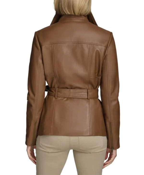Womens Stand Up Collar Brown Belted Leather Jacket Back