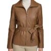 Womens Stand Up Collar Brown Belted Leather Jacket Main