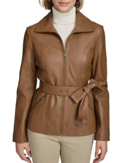 Womens Stand Up Collar Brown Belted Leather Jacket Main