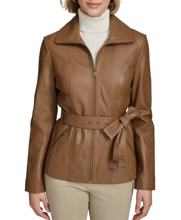 Womens Stand Up Collar Brown Belted Leather Jacket Main