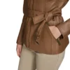 Womens Stand Up Collar Brown Belted Leather Jacket Pockets