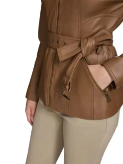 Womens Stand Up Collar Brown Belted Leather Jacket Pockets