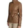Womens Stand Up Collar Brown Belted Leather Jacket Side