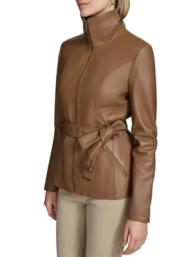 Womens Stand Up Collar Brown Belted Leather Jacket Side