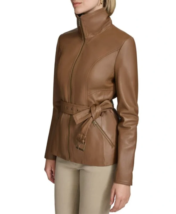Womens Stand Up Collar Brown Belted Leather Jacket Side