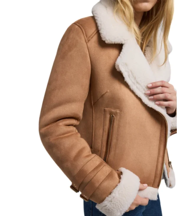 Womens Suede Brown B3 Bomber Shearling Leather Jacket Inner