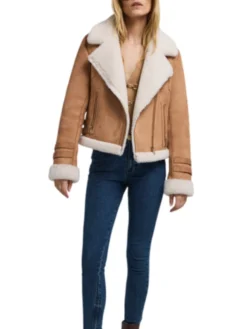 Womens Suede Brown B3 Bomber Shearling Leather Jacket Stand Up