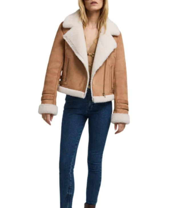Womens Suede Brown B3 Bomber Shearling Leather Jacket Stand Up