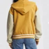 Womens Yellow Hooded Wool Twill Varsity Jacket Back