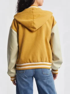 Womens Yellow Hooded Wool Twill Varsity Jacket Back