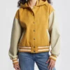 Womens Yellow Hooded Wool Twill Varsity Jacket Buttoned