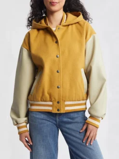 Womens Yellow Hooded Wool Twill Varsity Jacket Buttoned
