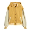 Womens Yellow Hooded Wool Twill Varsity Jacket Front