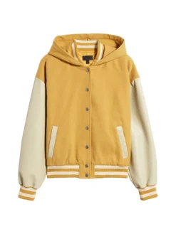 Womens Yellow Hooded Wool Twill Varsity Jacket Front