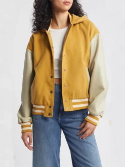 Womens Yellow Hooded Wool Twill Varsity Jacket Main