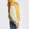 Womens Yellow Hooded Wool Twill Varsity Jacket Side