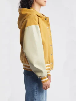 Womens Yellow Hooded Wool Twill Varsity Jacket Side