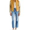 Womens Yellow Hooded Wool Twill Varsity Jacket Stand UP