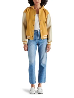 Womens Yellow Hooded Wool Twill Varsity Jacket Stand UP