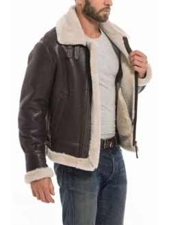 B3 RAF Mens Brown Leather Shearling Aviator Pilot Jacket Closure