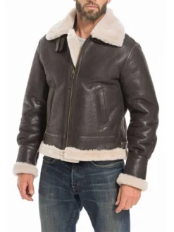 B3 RAF Mens Brown Leather Shearling Aviator Pilot Jacket Pockets