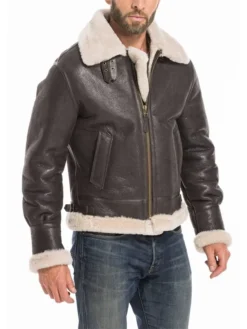 B3 RAF Mens Brown Leather Shearling Aviator Pilot Jacket Zipper