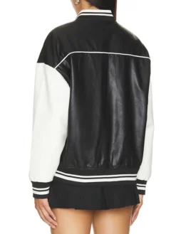 Black Varsity Bomber Leather Jacket Back