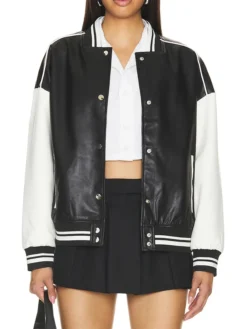 Black Varsity Bomber Leather Jacket Buttoned