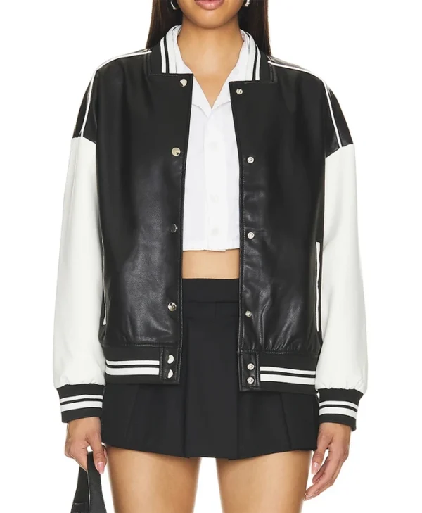 Black Varsity Bomber Leather Jacket Buttoned
